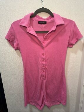 Honeybum Pink Short-Sleeve Button-Front Polo Romper Top
